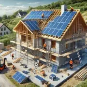 Maison en construction avec panneaux solaires sur le toit, échafaudages et travailleurs en sécurité, dans un environnement naturel sous un ciel bleu