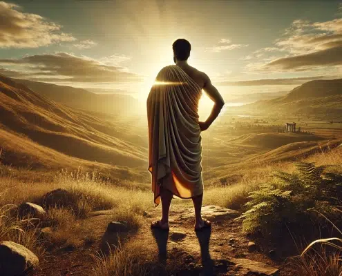 Image photoréaliste d'un homme de dos, portant une toge antique et observant le soleil, entouré d'un paysage naturel avec collines et lumière dorée