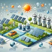 Illustration des différentes solutions de stockage de l'énergie solaire, incluant batteries, stockage thermique, hydrogène, pompage hydraulique et air comprimé