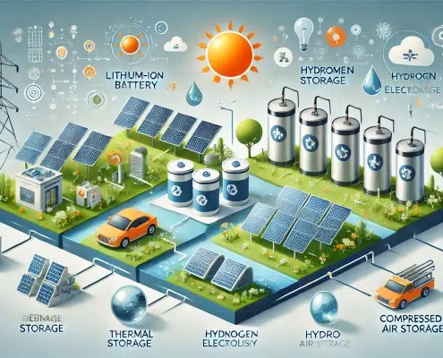 Illustration des différentes solutions de stockage de l'énergie solaire, incluant batteries, stockage thermique, hydrogène, pompage hydraulique et air comprimé