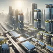 Vue d'une ville futuriste avec des gratte-ciel modernes, des panneaux solaires sur les toits et les façades, des espaces verts et des structures urbaines avancées