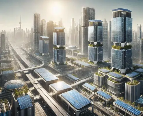 Vue d'une ville futuriste avec des gratte-ciel modernes, des panneaux solaires sur les toits et les façades, des espaces verts et des structures urbaines avancées