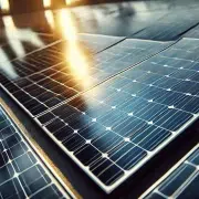 Image photographique réaliste en gros plan de panneaux solaires, mettant en évidence leur texture, surface lisse et reflets du soleil.