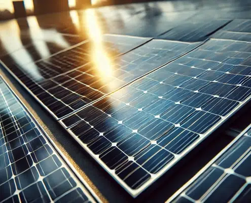 Image photographique réaliste en gros plan de panneaux solaires, mettant en évidence leur texture, surface lisse et reflets du soleil.