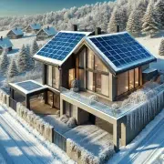 Maison moderne avec des panneaux solaires partiellement enneigés sur le toit, entourée d'un paysage hivernal avec arbres givrés et ciel dégagé