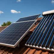 Panneaux solaires photovoltaïques et capteurs thermiques sur toit en tuiles, sous un ciel bleu
