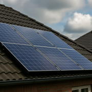 Panneaux solaires installés sur une maison en briques, avec une toiture voisine visible en arrière-plan