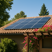 Panneaux solaires modernes installés sur un toit en été avec ciel bleu clair