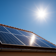Toit équipé de panneaux solaires sous un soleil estival éclatant, ciel bleu dégagé en arrière-plan