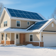 Maison moderne dans une région froide avec toit enneigé, illustrant l’efficacité des panneaux solaires en hiver