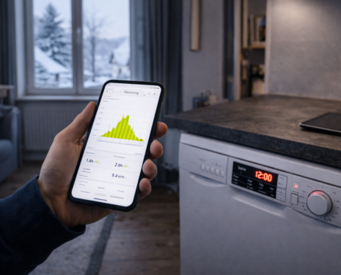 Intérieur de maison en hiver, smartphone affichant une courbe de production solaire, lave-vaisselle ou lave-linge programmé, lumière froide en journée