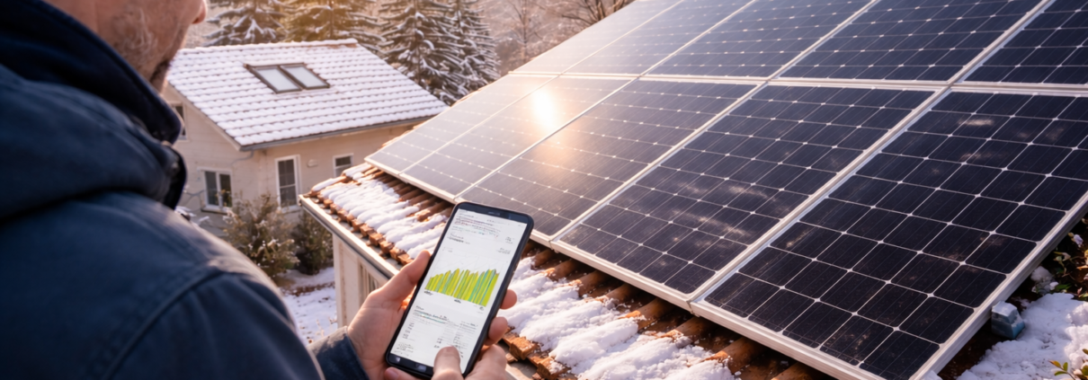 Maison en fin d’hiver avec panneaux solaires propres, propriétaire consultant l’application de production sur smartphone, lumière douce de début printemps