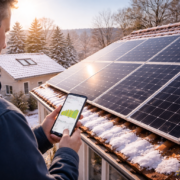 Maison en fin d’hiver avec panneaux solaires propres, propriétaire consultant l’application de production sur smartphone, lumière douce de début printemps
