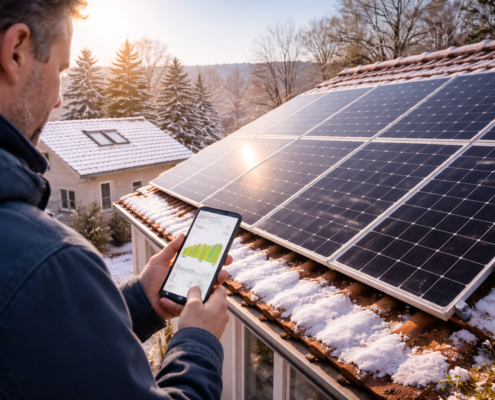Maison en fin d’hiver avec panneaux solaires propres, propriétaire consultant l’application de production sur smartphone, lumière douce de début printemps
