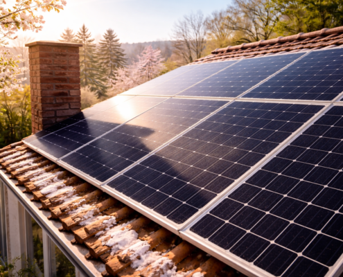 Toiture avec panneaux solaires en fin d’hiver, ombre d’une cheminée visible sur une rangée de panneaux, lumière douce de début printemps
