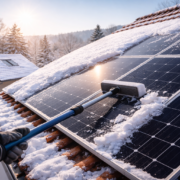 Panneaux solaires sur toiture enneigée en hiver, neige en cours de glissement au soleil, ambiance claire et froide, maison résidentielle