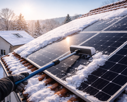 Panneaux solaires sur toiture enneigée en hiver, neige en cours de glissement au soleil, ambiance claire et froide, maison résidentielle