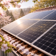 Panneaux solaires au début du printemps avec léger dépôt de pollen visible en voile fin, arbre en floraison à proximité, lumière douce