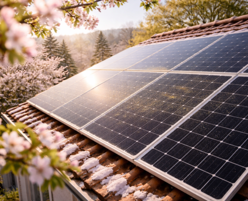 Panneaux solaires au début du printemps avec léger dépôt de pollen visible en voile fin, arbre en floraison à proximité, lumière douce