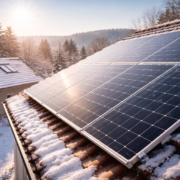 Panneaux solaires sur toiture en fin d’hiver avec lumière froide et ciel clair, maison résidentielle, ambiance de début de printemps