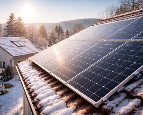 Panneaux solaires sur toiture en fin d’hiver avec lumière froide et ciel clair, maison résidentielle, ambiance de début de printemps