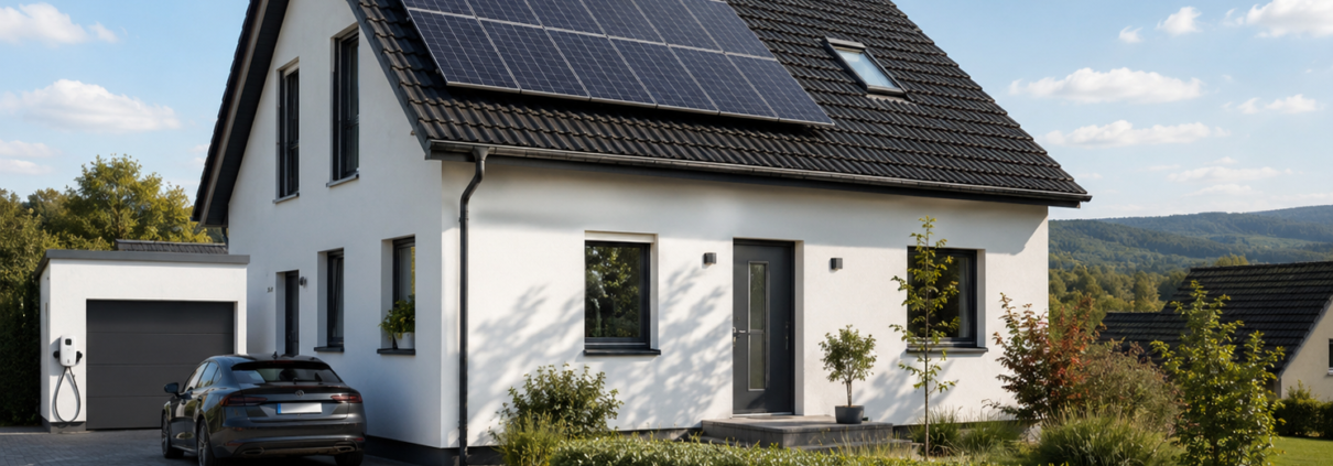Maison individuelle équipée de panneaux solaires sur le toit, avec voiture garée devant, illustrant l’autoconsommation solaire d’un foyer absent en journée