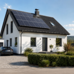 Maison individuelle équipée de panneaux solaires sur le toit, avec voiture garée devant, illustrant l’autoconsommation solaire d’un foyer absent en journée