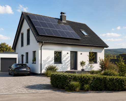 Maison individuelle équipée de panneaux solaires sur le toit, avec voiture garée devant, illustrant l’autoconsommation solaire d’un foyer absent en journée