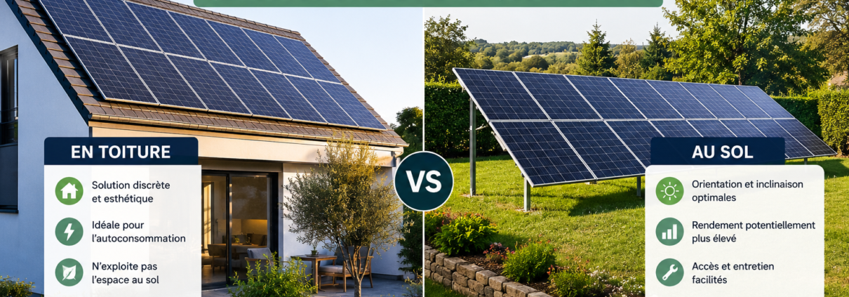 Panneaux solaires installés en toiture et au sol pour comparer les solutions photovoltaïques résidentielles
