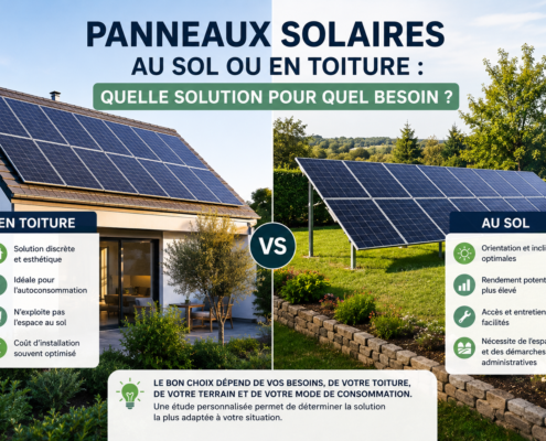 Panneaux solaires installés en toiture et au sol pour comparer les solutions photovoltaïques résidentielles