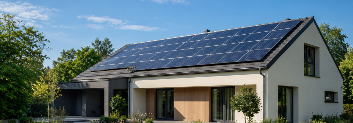 Maison moderne équipée de panneaux solaires sur le toit dans un environnement résidentiel lumineux