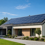 Maison moderne équipée de panneaux solaires sur le toit dans un environnement résidentiel lumineux