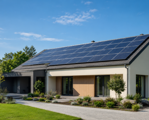 Maison moderne équipée de panneaux solaires sur le toit dans un environnement résidentiel lumineux