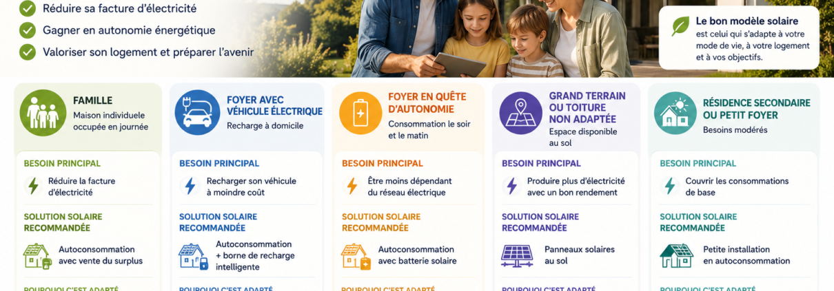 Maison équipée de panneaux solaires avec famille comparant les solutions photovoltaïques adaptées à chaque profil de foyer
