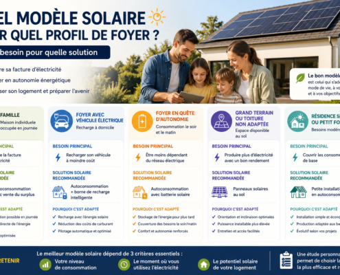 Maison équipée de panneaux solaires avec famille comparant les solutions photovoltaïques adaptées à chaque profil de foyer