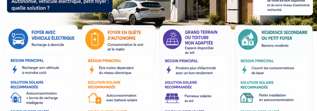 Comparatif des solutions solaires adaptées aux différents profils de foyers avec panneaux photovoltaïques, batterie et véhicule électrique