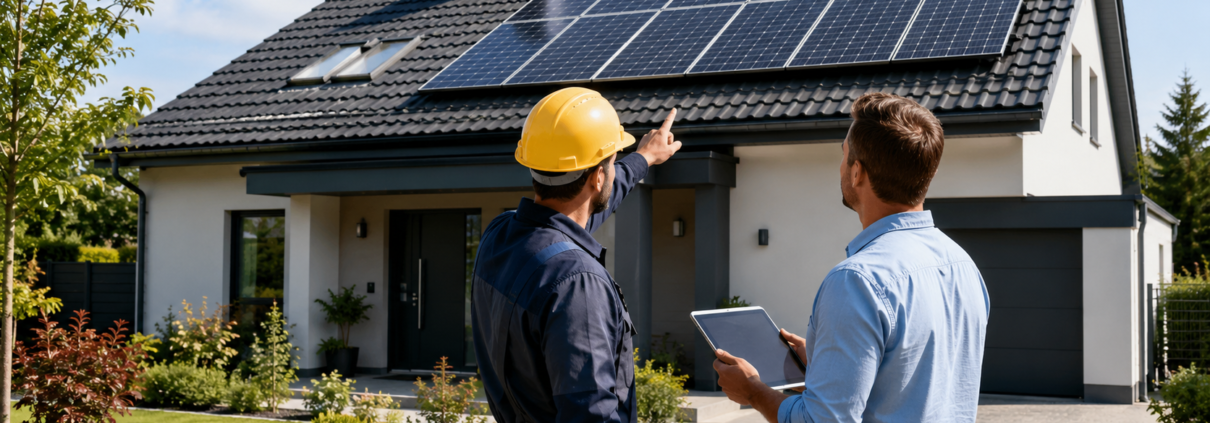 Installateur solaire et propriétaire observant une maison équipée de panneaux photovoltaïques avant validation d’un projet résidentiel