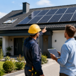 Installateur solaire et propriétaire observant une maison équipée de panneaux photovoltaïques avant validation d’un projet résidentiel