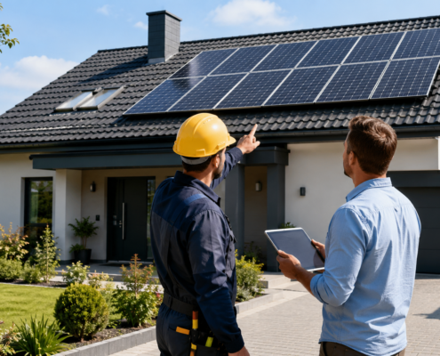 Installateur solaire et propriétaire observant une maison équipée de panneaux photovoltaïques avant validation d’un projet résidentiel